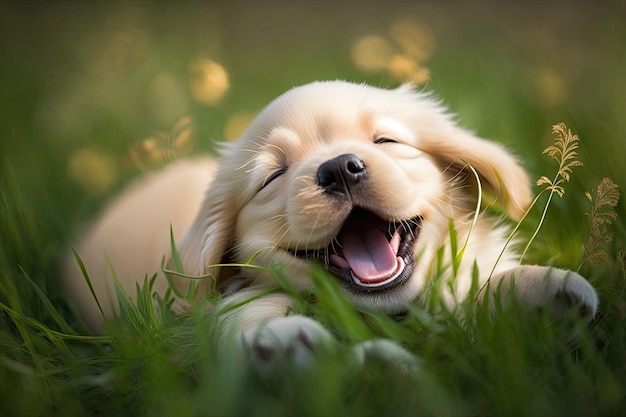 Zdjęcie słodki szczeniak toczący się po trawie z wywieszonym językiem