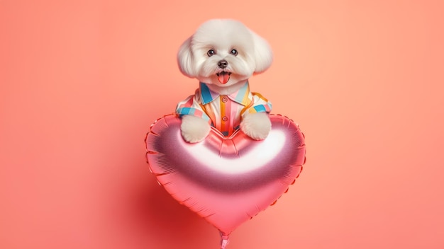Słodki szczeniak trzymający balon serca na odosobnionym tle Koncepcja dnia Walentynek