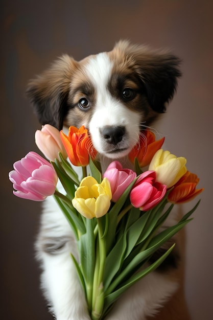 Słodki szczeniak z bukietem tulipanów.