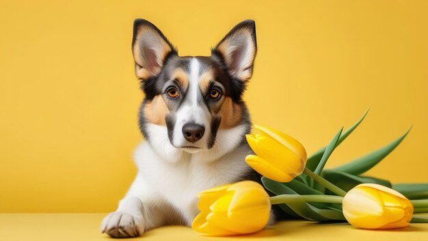 Zdjęcie słodki szczeniak z kwiatami tulipanów na żółtym tle koncepcja wakacyjna
