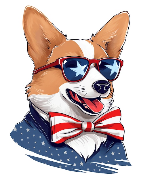 Słodki, szczęśliwy pies noszący kapelusz Wujka Sama z flagą USA w sztuce cyfrowej szczęśliwy 4 lipca