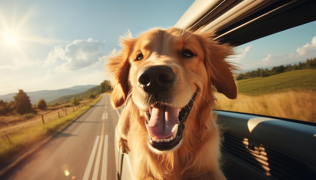 Słodki szczęśliwy pies z głową poza oknem samochodu cieszy się szybką jazdą na niewyraźnym tle