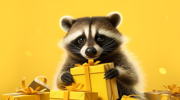 Słodki szop trzymający pudełko z prezentami na świątecznym żółtym tle z kopiowaniem wysokiej jakości zdjęcie