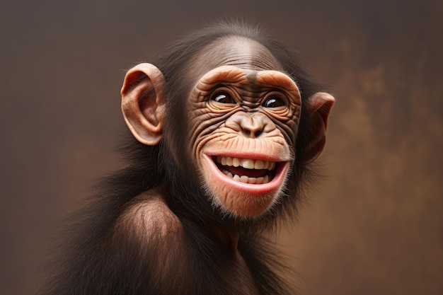 Słodki szympans z dużym szczęśliwym uśmiechem z bliska