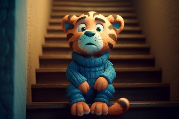 Słodki tygrys w niebieskim swetrze siedzi na schodach