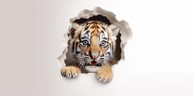 Słodki Tygrys wystający z dziury w rozdartej ścianie, makieta pustej ramki do kopiowania Generative AI image weber