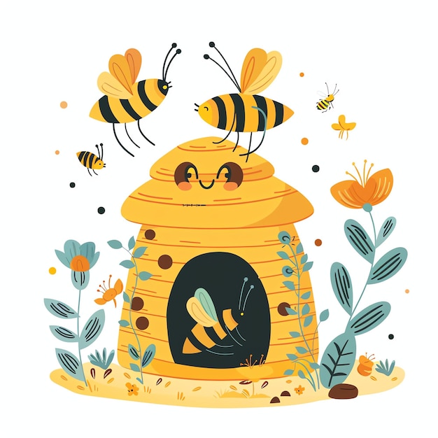 Słodki ula z pszczołami dzwoniącymi wokół ilustracji
