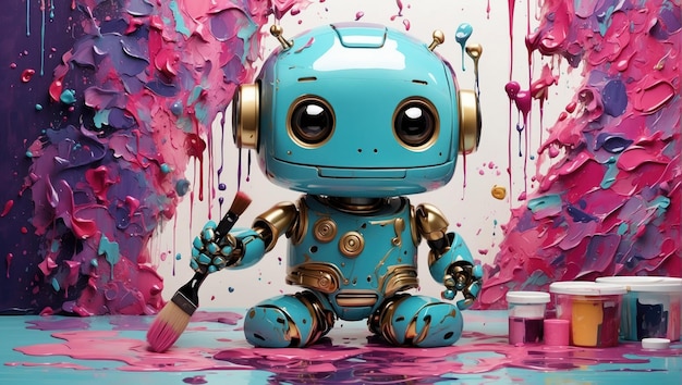 Słodki, uroczy robot trzymający pędzel w blaskach kolorowych farb wygenerowanych przez AI