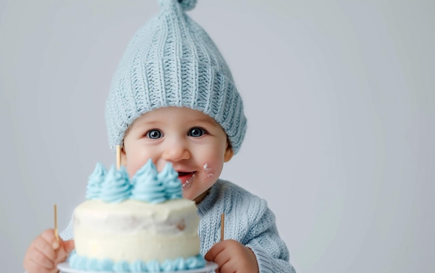Słodki uśmiechnięty chłopiec trzymający tort urodzinowy