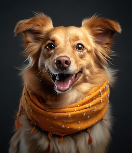Słodki uśmiechnięty pies Dorgi z chustką na szarym tle portret stworzony przez generatywną technologię AI