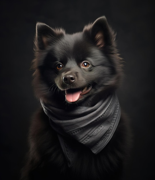 Słodki uśmiechnięty pies Schipperke z chustką na szarym tle portret stworzony przez generatywną technologię AI