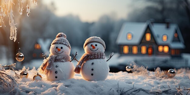 Słodki uśmiechnięty śnieżak w największym śniegu z tłem bokeh choinka i dom