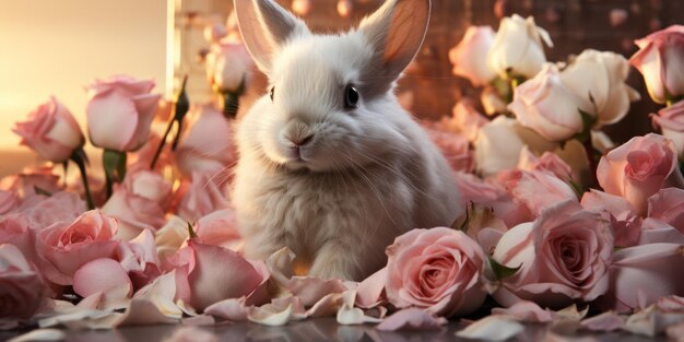 słodki walentynkowy króliczek z różami płatki róż romantyczny gest króliczek w walentynkowym koszyku miłości