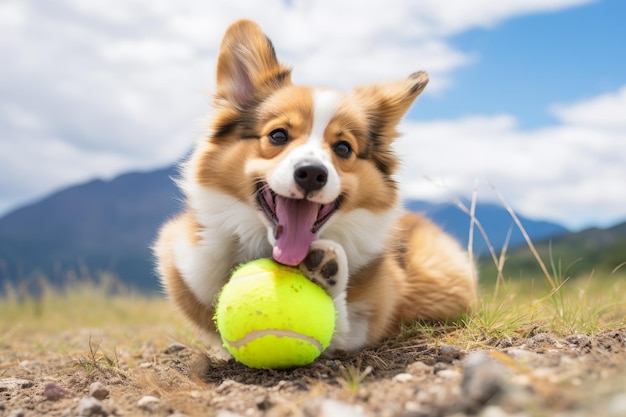 Słodki walijski Corgi grający w piłkę tenisową zabawny słodki pies bawiący się zabawką