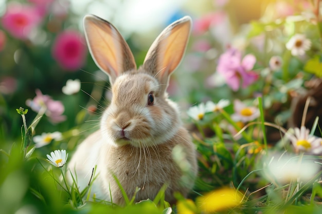 Słodki wielkanocny królik w zielonej trawie z kolorowymi kwiatami wokół
