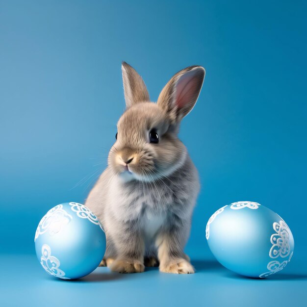 Słodki wielkanocny królik z niebieskimi jajkami na niebieskim tle