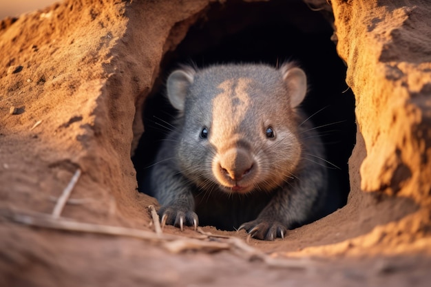 Słodki wombat wyjrzał ze swojej nory Piękny obraz ilustracji Generatywna sztuczna inteligencja