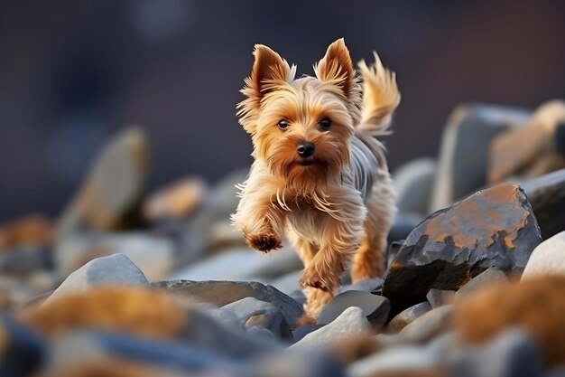 Zdjęcie słodki yorkshire terrier bawi się na świeżym powietrzu i kopiuje przestrzeń