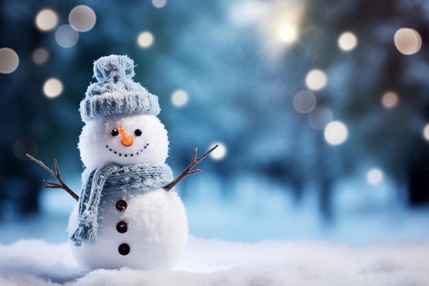 Słodki zabawkowy śnieżak w kapeluszu i szalku z marchewkowym nosem w miękkim śnieżnym tle świątecznym