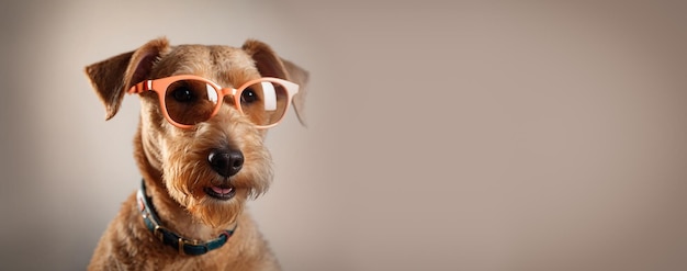 Słodki zabawny Lakeland Terrier w okularach przeciwsłonecznych na jasnym tle z bokeh