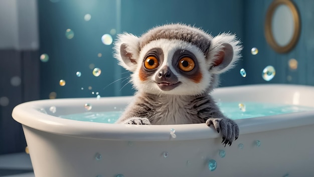 Słodki, zabawny lemur robiący kąpiel.