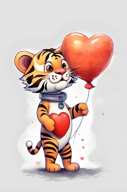 Zdjęcie słodki, zabawny tygrys z kreskówki z balonem w kształcie serca