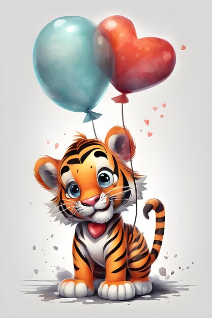 słodki, zabawny tygrys z kreskówki z balonem w kształcie serca