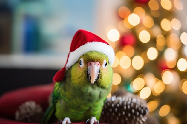 Zdjęcie słodki zabawny zielony papuga w czerwonym kapeluszu świętego mikołaja boże narodzenie lub nowy rok portret zwierzęcego ptaka domowego na drzewie bożonarodzeniowym dekoracja bokeh złote światła tło ai generowana zawartość
