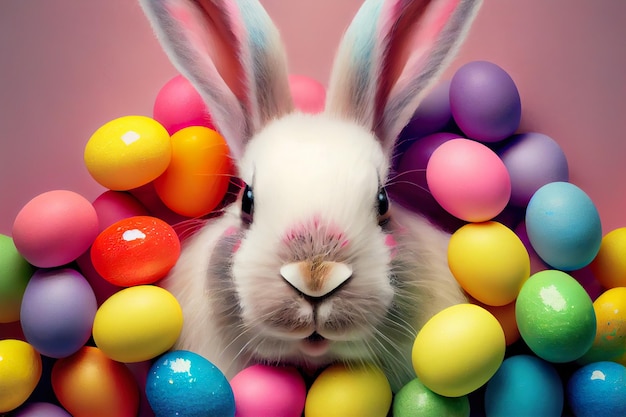 Słodki zając wielkanocny w kupie barwionych, malowanych, kolorowych jaj na wakacje wiosenne Generacyjna AI