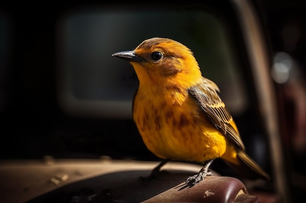 Słodki żółty ptak siedzący na dachu samochodu i patrzący w kamerę