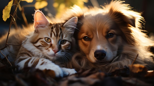 Słodki zwierzak siedzący razem i bliski portret pięknego kota i psa