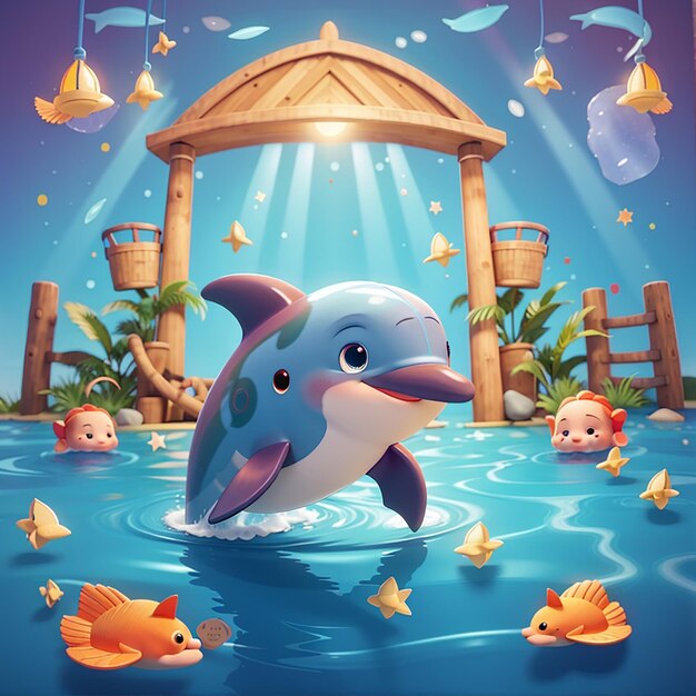 Zdjęcie słodkie atrakcje delfinów w morzu ilustracja kreskówkowa