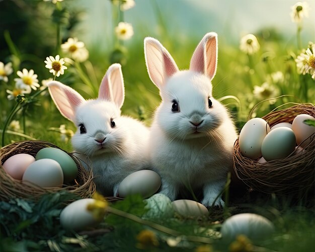 Słodkie białe króliki i kolorowe jaja wielkanocne na zielonej trawie