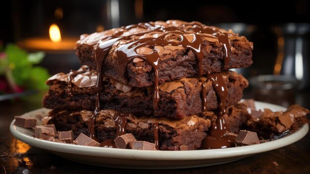 Słodkie czekoladowe brownie z roztopioną czekoladą i odrobiną kakao