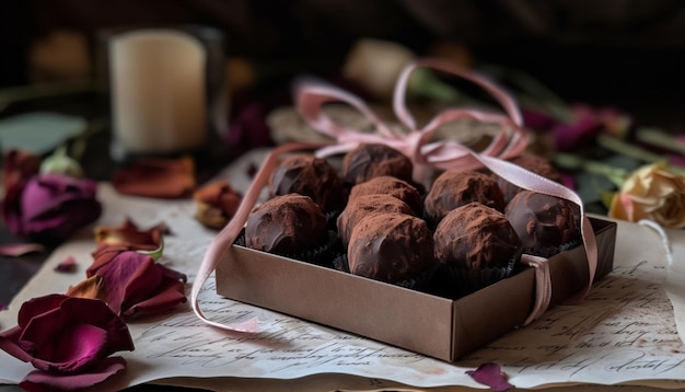 Słodkie czekoladowe trufle dla smakoszy na rustykalnym drewnianym stole wygenerowanym przez sztuczną inteligencję