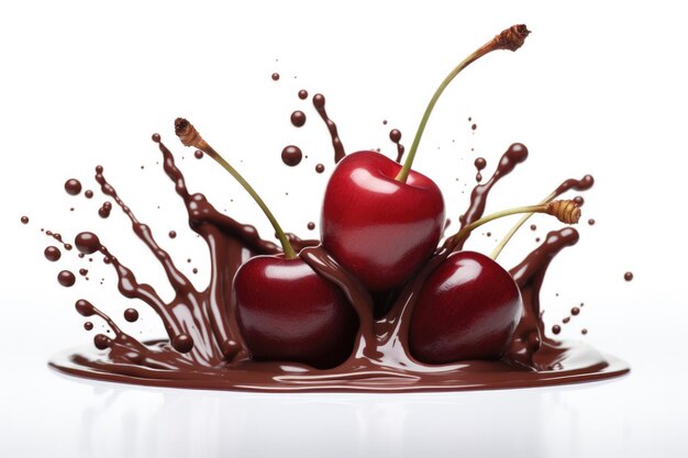 Zdjęcie słodkie czerwone wiśnie rozpływające się w błyszczącym basenie stopionej czekolady tworząc dynamikę