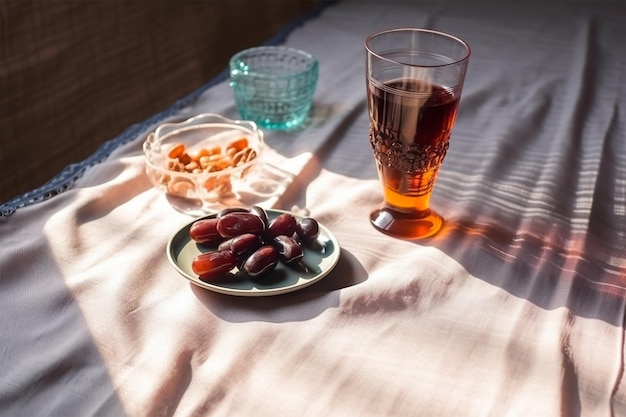 Słodkie daty szklankę wody pitnej obrus zachód słońca widok z góry czas iftar