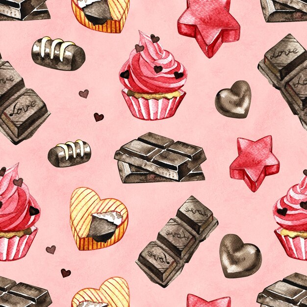 Zdjęcie słodkie desery akwarelowe bezszwy wzór na różowym tle cukierki w kształcie serca i czekolada