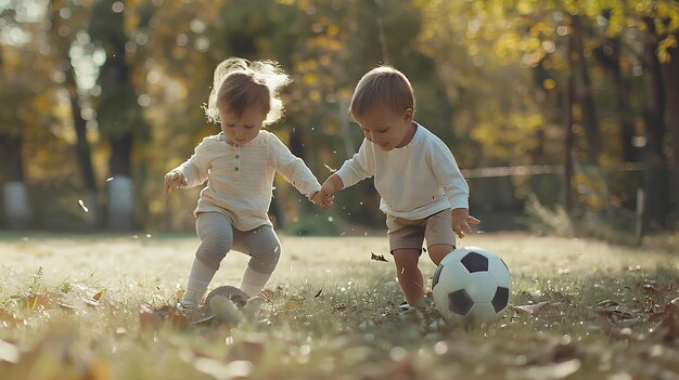 Zdjęcie słodkie dzieci bawiące się w piłkę nożną na świeżym powietrzu