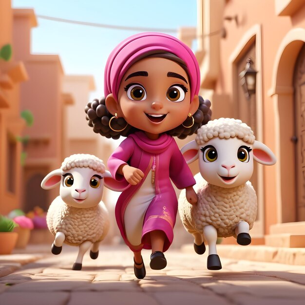 Słodkie dzieci bawiące się z słodkimi owieczkami Eid