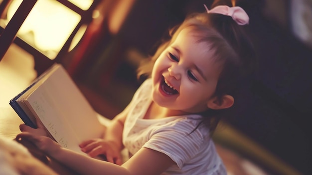 Słodkie dzieci, dziewczynka uśmiechająca się i czytająca książkę.
