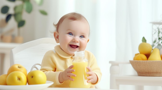 Słodkie dziecko cieszy się jabłkami i wodą w żółtej butelce, siedząc na wysokim krześle