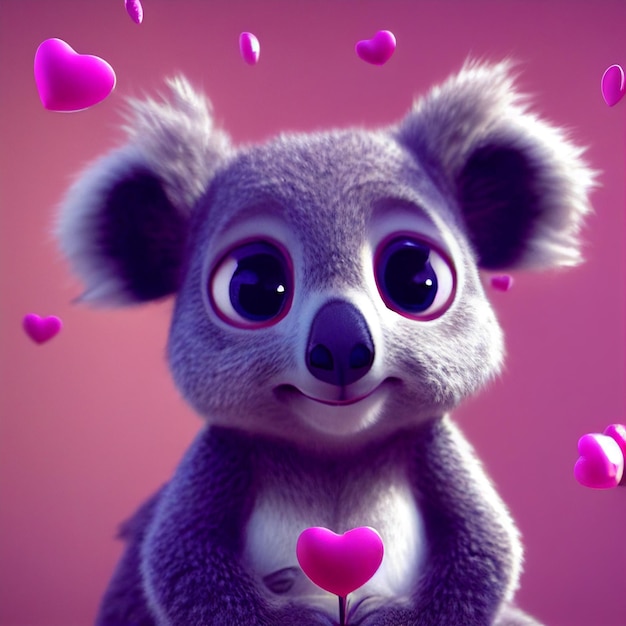 Słodkie dziecko koala z sercami kocha walentynki kartkę z życzeniami ilustracja kreskówka renderowania 3D
