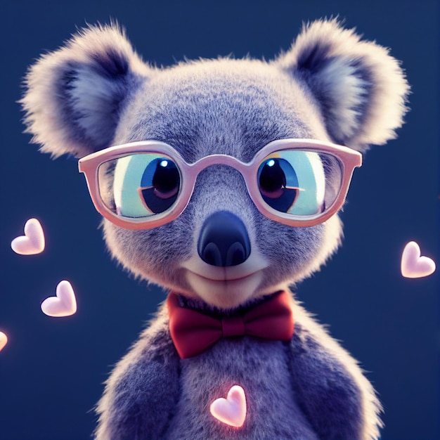 Słodkie dziecko koala z sercami kocha walentynki kartkę z życzeniami ilustracja kreskówka renderowania 3D