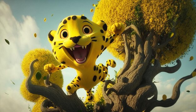 Zdjęcie słodkie dziecko tygrys skacze z drzewa