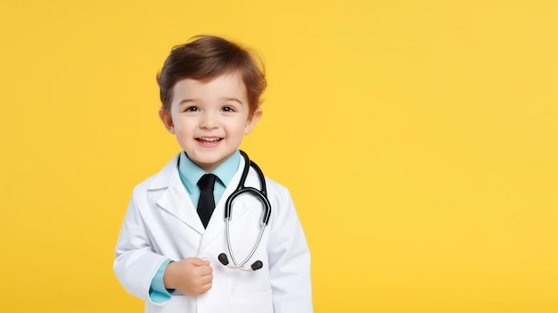 Słodkie dziecko w płaszczu lekarza ze stetoskopem na kolor tła Miejsce na tekst