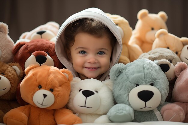 Słodkie dziecko w stroju lalki z lalkami na białym tle salonu