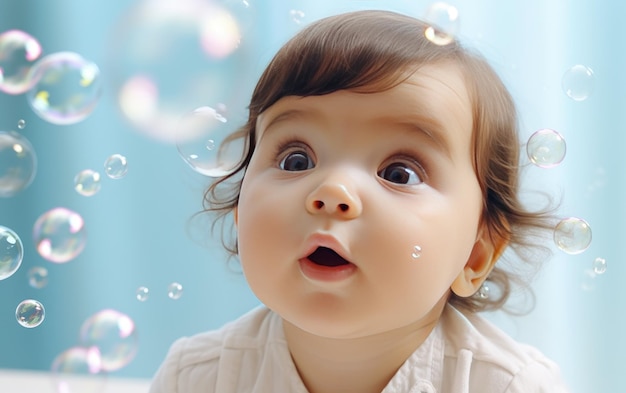 Słodkie dziecko z szeroko otwartymi oczami oglądające bąbelki z bliska na białym tle
