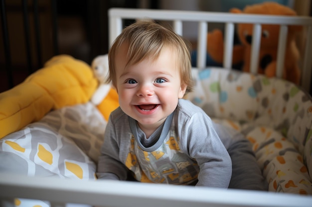 Słodkie dziecko z zespołem Downa uśmiecha się w łóżeczku