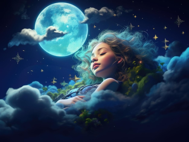 słodkie dziewczyny śpiące w chmurze z księżycem